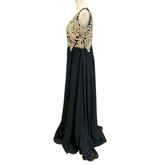 NOX Anabel Beaded V-Neck Lace Bodies Long Gown in Black/Gold Size XL 8343SC - Picture 7 of 9